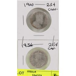 1910 & 1936 CANADIAN 25 CENT COINS