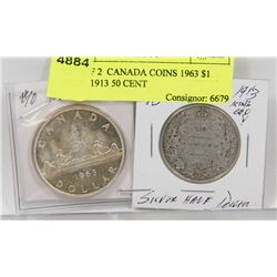LOT OF 2  CANADA COINS 1963 $1 COIN, 1913 50 CENT
