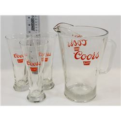 COORS PREMIUM BEER GLASS PITCHER & 3 BEER GLASSES