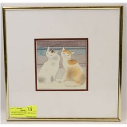 FRAMED AND MATTED CATS WATER COLOR SIGNED BY