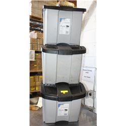 STACKABLE 3 BINS WITH FLIP TOP LIDS.