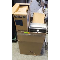 BOX OF ASSORTED PAPER TOWEL & SOAP DISPENSER