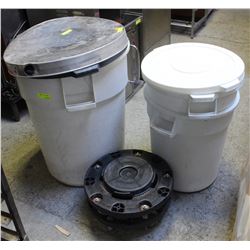 3 VARIOUS-SIZED COMMERCIAL BRUTE BINS W/ LIDS & 2