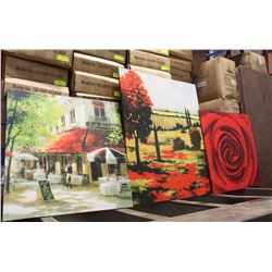 LOT W/ 3 DECORATIVE ACRYLIC PICTURES, 8 FT WOODEN