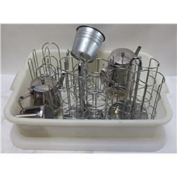 BUS BIN OF TEAPOTS AND JAM HOLDERS