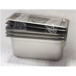 THREE 1/3-SIZE STAINLESS STEEL INSERTS W/ 3 LIDS