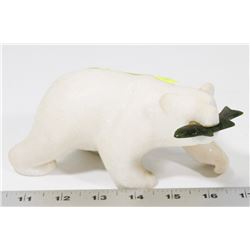 BEAR STONE CARVING WITH JADE FISH IN MOUTH