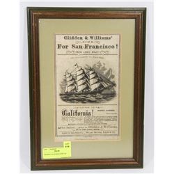 FRAMED CALIFORNIA SHIP AD