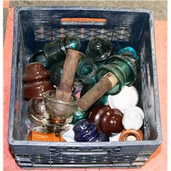 BOX OF GLASS AND PORCELAIN INSULATORS