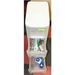 WHITE 3 DRAWER PLASTIC BIN FULL OF ART SUPPLIES