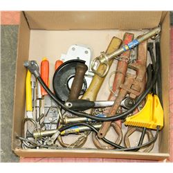 ASSORTED TOOLS, INCLUDING FOOT AIR PUMP, STRAPS