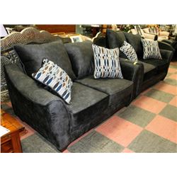 PAIR OF CHARCOAL FABRIC 69" LOVE SEATS WITH ACCENT