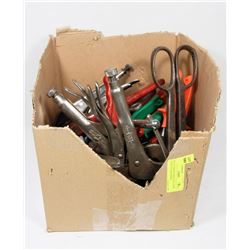 BOX OF ESTATE TOOLS INCL SNIPS, WRENCHES AND MORE.