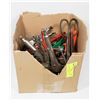 BOX OF ESTATE TOOLS INCL SNIPS, WRENCHES AND MORE.