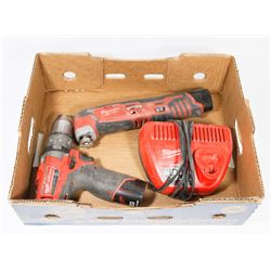 BOX WITH MILWAUKEE DRILL, MULTITOOL AND CHARGER.