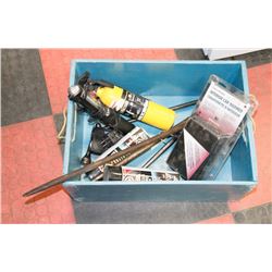 WOOD TOTE OF ESTATE ITEMS INCL ROCKER GUARD, CAR