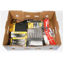 FLAT OF ASSORTED WOOD DRILL BITS AND MORE.