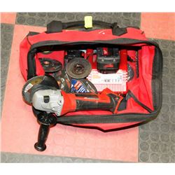 MILWAUKEE TOOL BAG WITH GRINDER, 2 BATTERIES &