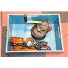 WOOD CRATE WITH CHAIN COME ALONG, HOIST AND WINCH