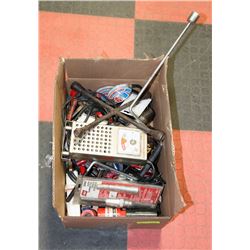 BOX OF ESTATE TOOLS INCL. BATTERY TESTER