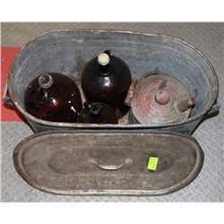 VINTAGE WATER TUB W/ METAL OIL CAN AND PERFEX