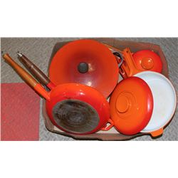 BOX W/ CAST IRON ENAMELED POTS AND PANS.