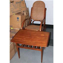 VINTAGE BENTWOOD ROCKING CHAIR AND COFFEE TABLE.