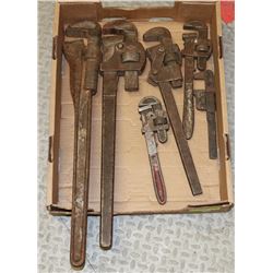 BOX W/ 6 VINTAGE PIPE WRENCHES.
