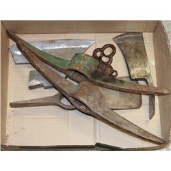 BOX W/ VINTAGE PICKAXE AND AXE HEADS.