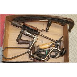 BOX W/ VINTAGE TOOLS: HAND DRILLS, SCYTHE ETC.