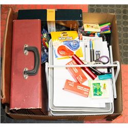 BOX FULL OF OFFICE SUPPLIES INCL 3-TIER