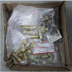 BOX OF ASSORTED BRASS FITTINGS AND MORE