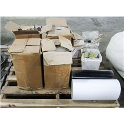 PALLET OF ROLLS OF ROOFING VINYL, NAILS AND MORE