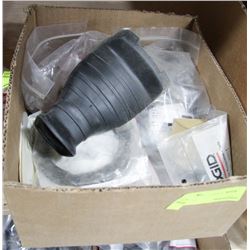 BOX OF ASSORTED BRASS FITTINGS, HARDWARE & MORE