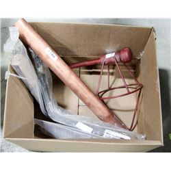 BOX OF MISC, INCLUDES 2FT LENGTH OF COPPER PIPE