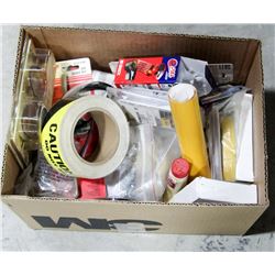 BOX OF MISC, INCLUDES CAUTION TAPE, NEW HARDWARE