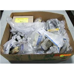 BOX OF ASSORTED BRASS FITTINGS AND MORE