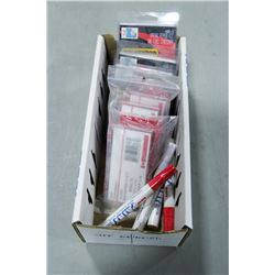 BOX OF PAINT PENS, GLASS MAGNIFIER PLATES & MORE