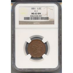 1851 Liberty Half Cent Coin NGC MS63BN