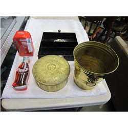 COCA COLA TINS, BRASS BUCKET AND TIN AND METAL BOX