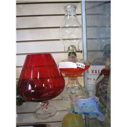 OIL LAMP, RED GLASS VASE, AND ART GLASS DISH