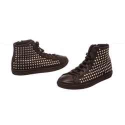 Burberry Black Leather Lace Front Studded High Top Sneakers