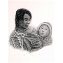 Native Art:  Inuit Lithograph  Mother & Child