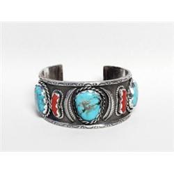 Navajo Silver, Coral & Turquoise Bracelet