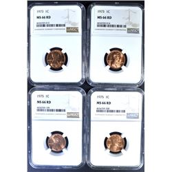 4 -NGC MS66RD LINCOLN CENTS: 2-1973 & 2-1975