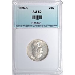 1935-S WASHINGTON QUARTER, EMGC AU
