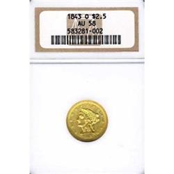 1843-O $2.50 NGC AU58