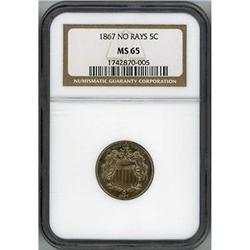 1867 No Rays 5c NGC MS65
