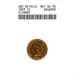 1859 1c ANACS Net AU50 clnd