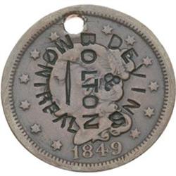 1849 Braided Hair Large Cent, Counter-Stamped  DEVINS & BOLTON / MONTREAL. 